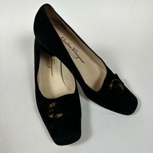 Salvatore Ferragamo 80s Pumps Heels Black Suede Tortoise Buckle Accent 7 1/2 B